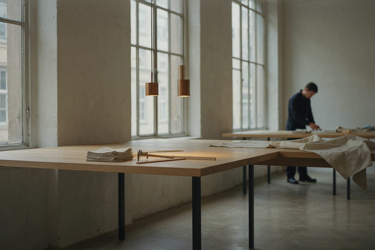 Abstract composition of workplace forms in navy and bronze